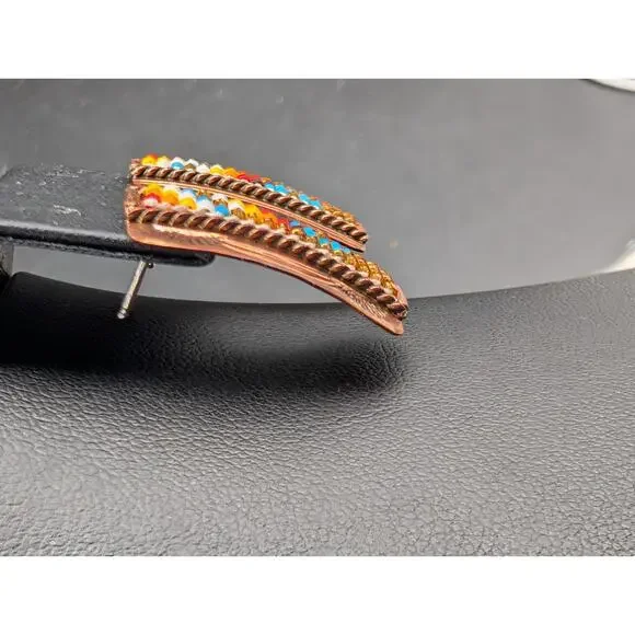 Vintage Navajo GW Stamped Copper Beaded Stud Earrings Southwestern Sunset Palett - Picture 2 of 6